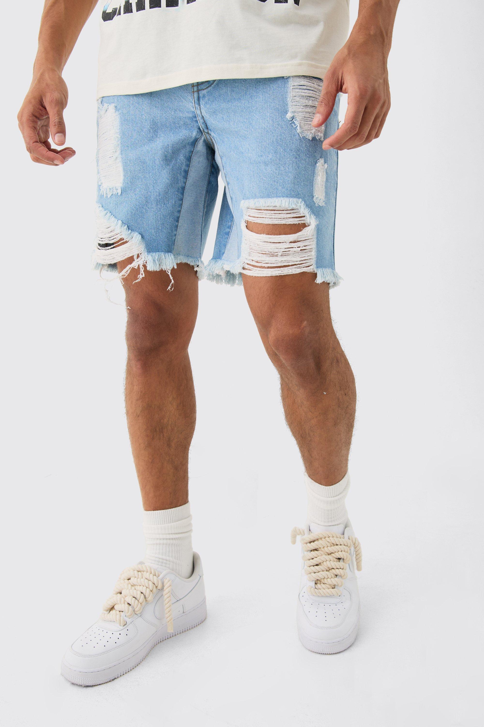 Relaxed Rigid Ripped Gusset Denim Short In Light Blue